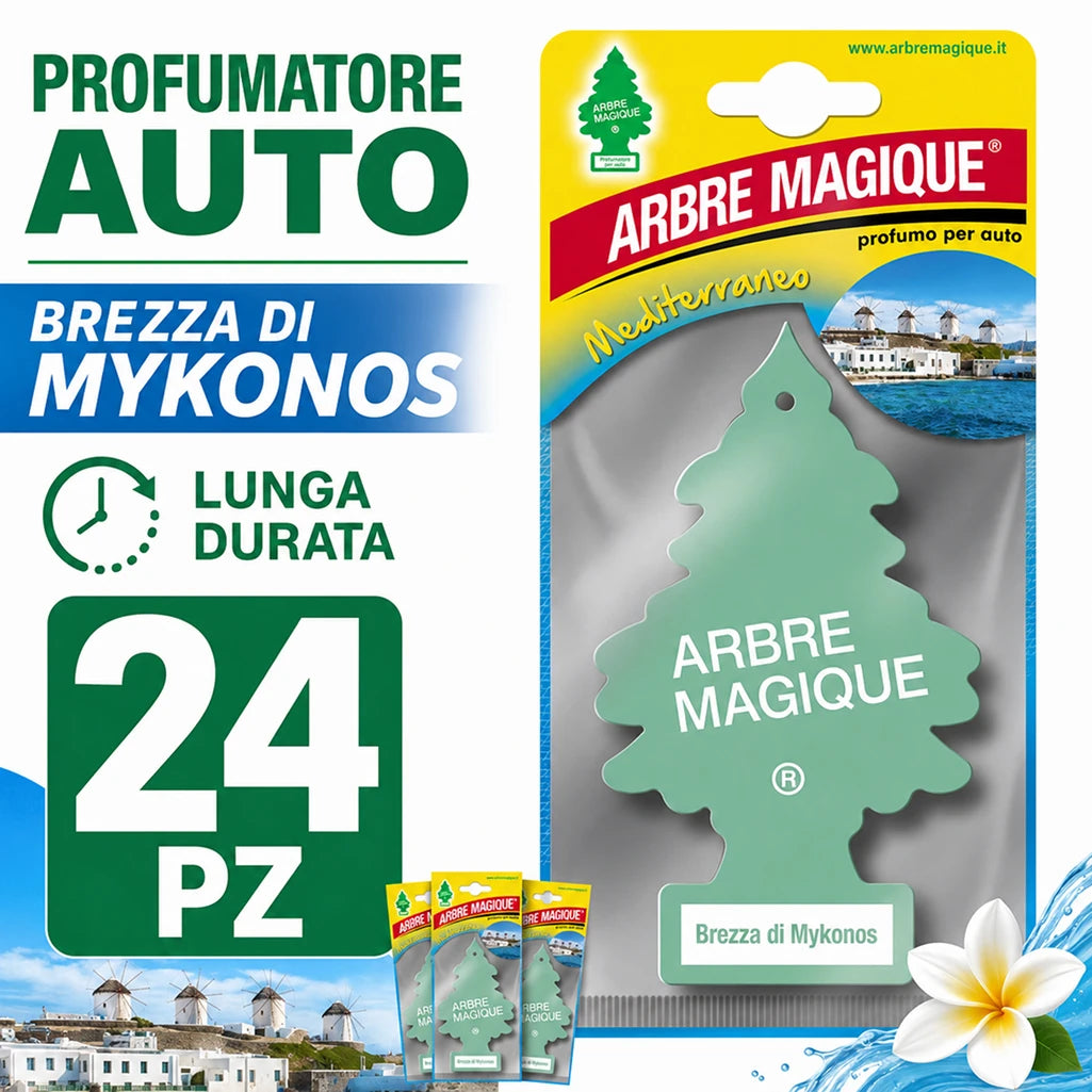 Confezione da 6, 12 o 24 Arbre Magique Brezza di Mykonos, profumatori auto da appendere, fragranza dolce e delicata, formato scorta per auto, furgone, armadio e piccoli ambienti