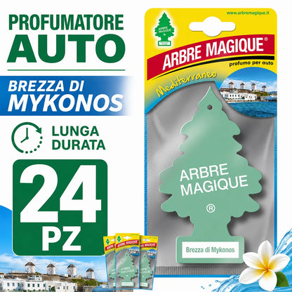 Confezione da 6, 12 o 24 Arbre Magique Brezza di Mykonos, profumatori auto da appendere, fragranza dolce e delicata, formato scorta per auto, furgone, armadio e piccoli ambienti