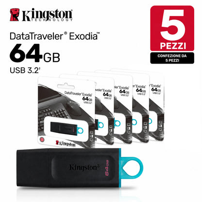 Confezione da 5 chiavette USB Kingston DataTraveler Exodia 64 GB, memoria USB 3.2 Gen 1, flash drive DTX/64GB per documenti, foto, video e backup
