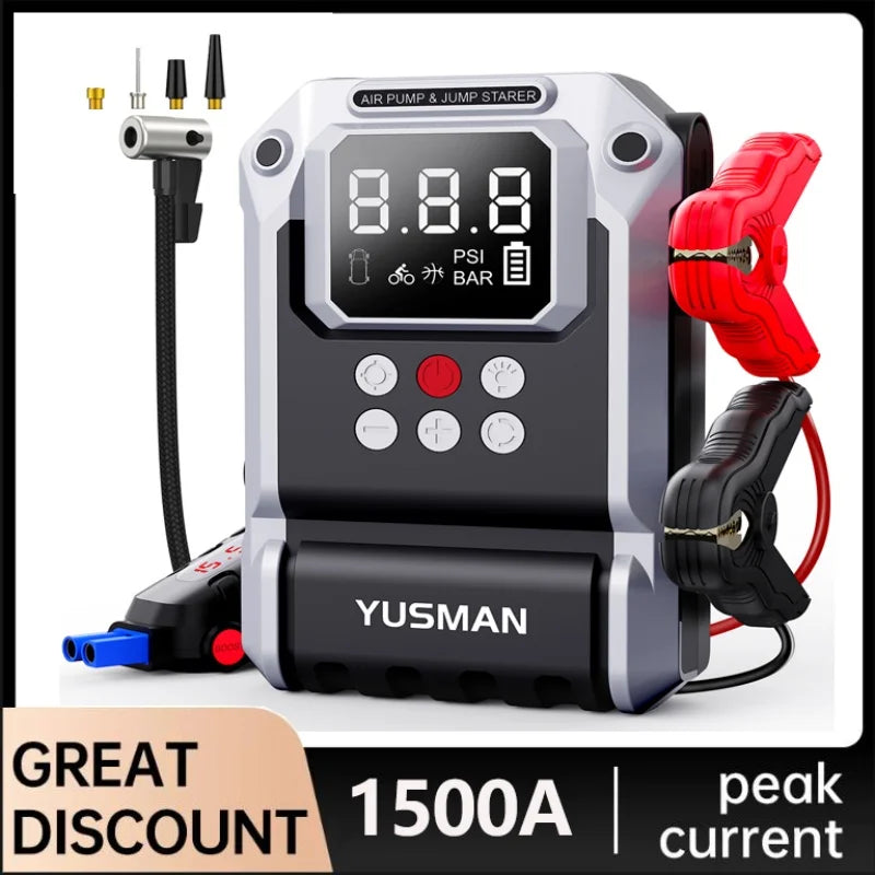 Avviatore di Emergenza per Auto con Compressore d'Aria Senza Fili, Gonfiatore Pneumatici, Booster Batteria con Power Bank e Torcia LED, Avviatore 12V per Tutti i Veicoli a Benzina o Diesel fino a 10.0L, Avviatore di Emergenza