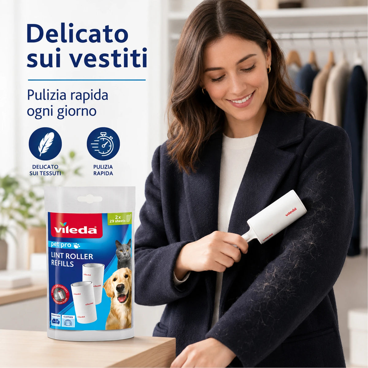 Confezione da 12 Vileda Pro Pet Lint Roller Refill, ricariche levapelucchi 2x29 fogli, per peli, polvere, pelucchi e sporco su tessuti compatibili