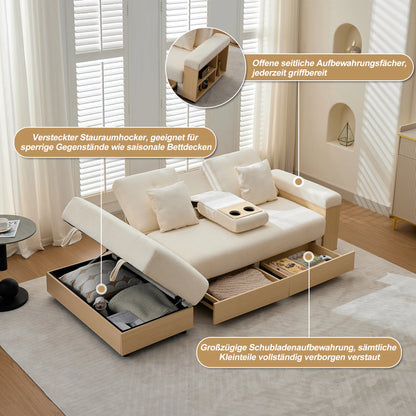 Divano Living Landscape con contenitore e schienale regolabile 3X - Divano letto in ciniglia beige a 3 posti con cassetti, portabicchieri e sgabello contenitore, 217x110 cm per soggiorno e camera degli ospiti