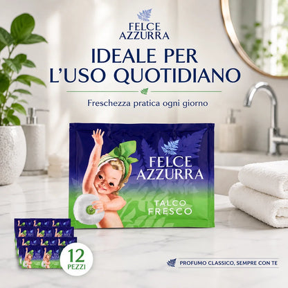 Confezione da 12 Felce Azzurra Talco Fresco in Busta 100 g, talco profumato per la cura quotidiana del corpo, 1,2 kg totali