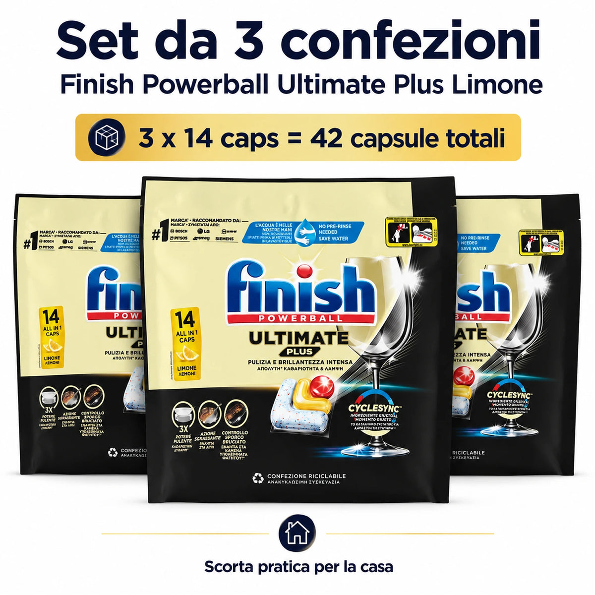 Finish Ultimate Plus Limone 14 Tabs per Confezione, Pastiglie per Lavastoviglie, Varianti da 3 o 4 Confezioni, 42 o 56 Tabs Totali