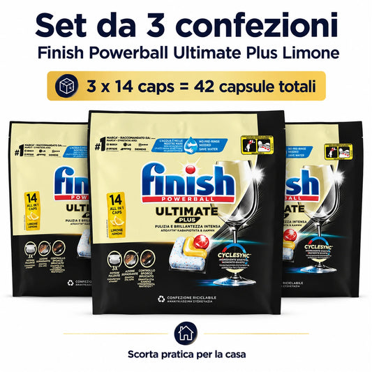 Finish Ultimate Plus Limone 14 Tabs per Confezione, Pastiglie per Lavastoviglie, Varianti da 3 o 4 Confezioni, 42 o 56 Tabs Totali