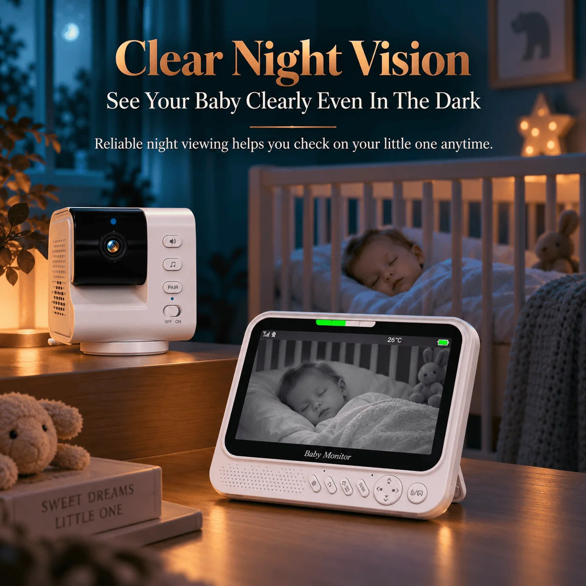 Monitor per bambini intelligente da 7 pollici con telecamera PTZ avanzata, zoom, sensore di temperatura, funzione di ninna nanna rilassante, visione notturna e audio bidirezionale. Offre una sorveglianza affidabile per la sic