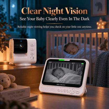 Monitor per bambini intelligente da 7 pollici con telecamera PTZ avanzata, zoom, sensore di temperatura, funzione di ninna nanna rilassante, visione notturna e audio bidirezionale. Offre una sorveglianza affidabile per la sic