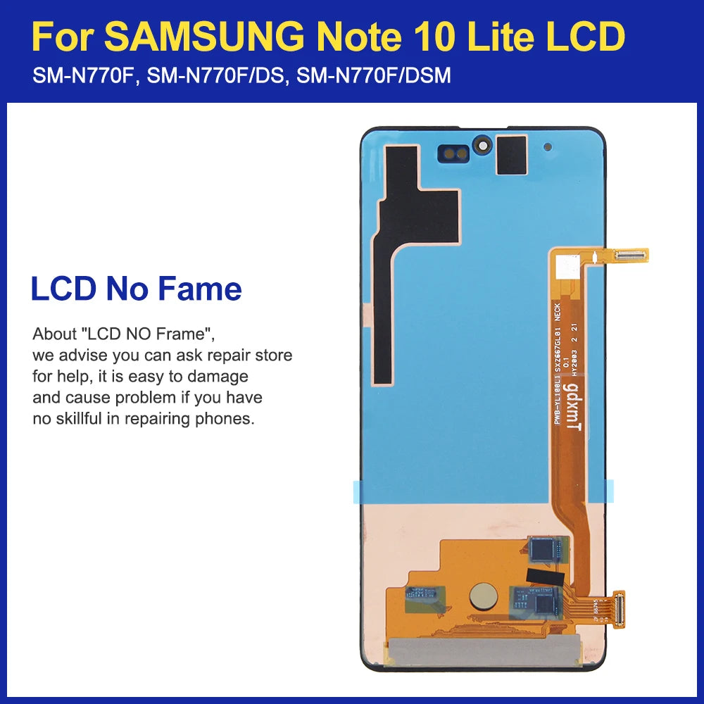 Schermo LCD AMOLED da 6,7 pollici per Samsung Note 10 Lite, gruppo di ricambio per lo schermo touchscreen, compatibile con Samsung Note10 Lite N770 N770F, con cornice.