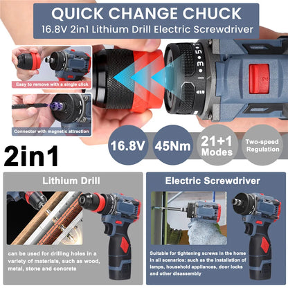 Trapano Cordless Brushless 16.8V 45Nm a 2 Velocità con Luce LED, Trapano Elettrico Ricaricabile per Fai-da-Te Domestico, Lavorazione del Legno e Foratura del Metallo con 2 Batterie da 1300mAh