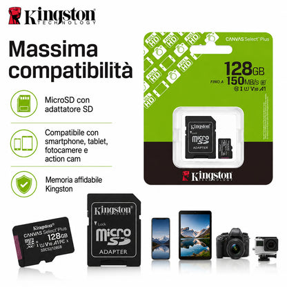 Confezione da 5 schede di memoria Kingston Canvas Select Plus microSD 128 GB, microSDXC Gen3 150 MB/s A1, adattatore SD incluso, SDCS3/128GB