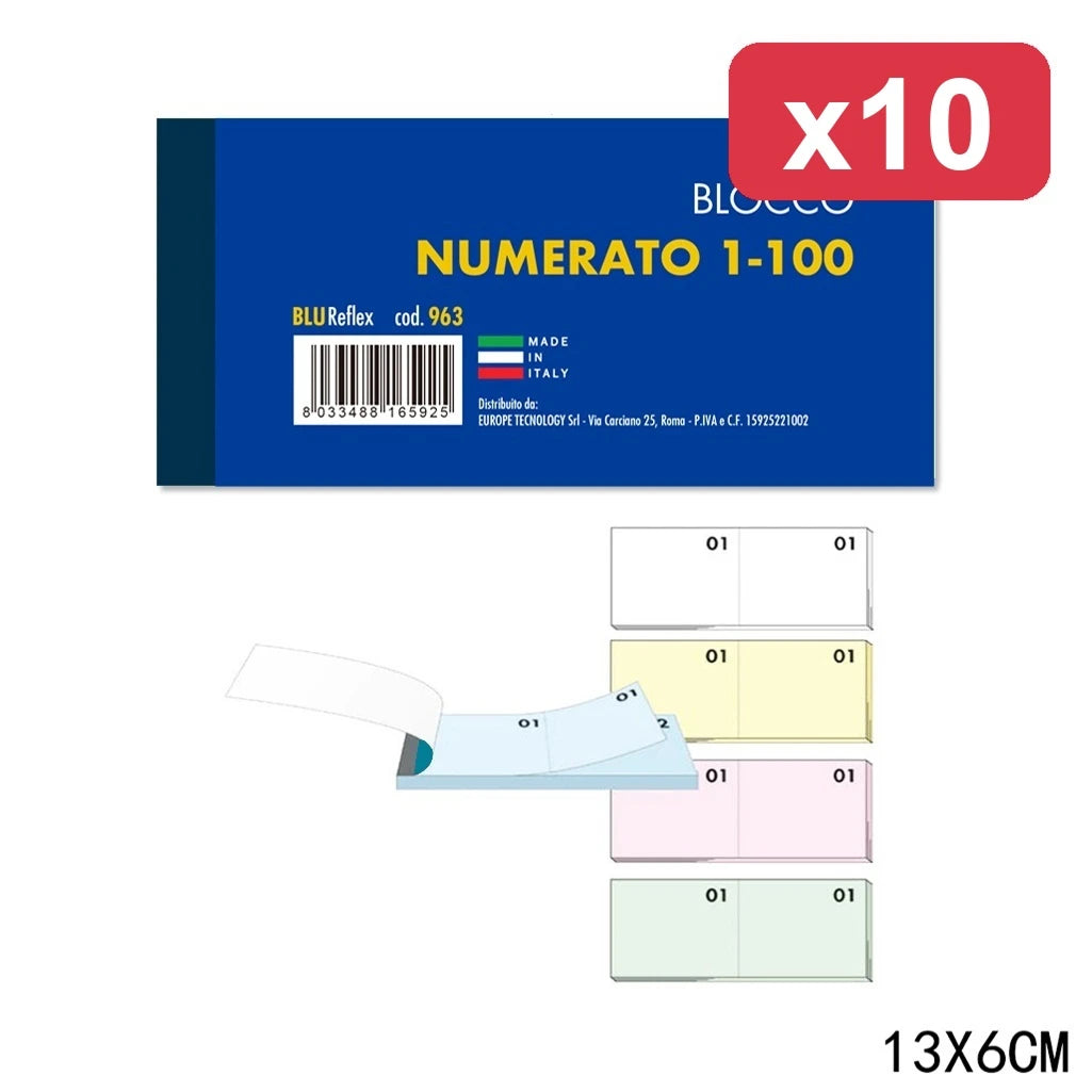 Confezione da 10 blocchi numerati 1/100 BLU963, blocchi da 100 fogli per ricevute, turni, magazzino, ufficio e attività commerciali