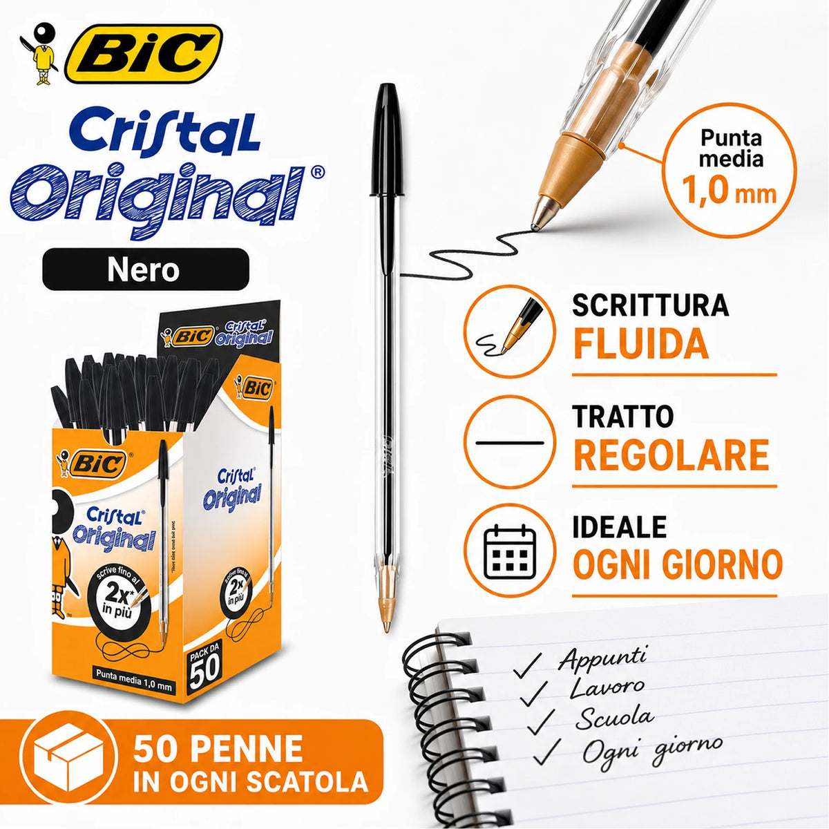 Confezione da 50 penne BIC Cristal Original nere a sfera, punta media 1 mm, penne per scuola, ufficio, cancelleria e uso quotidiano