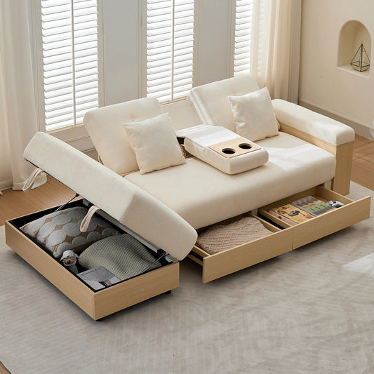 Divano Living Landscape con contenitore e schienale regolabile 3X - Divano letto in ciniglia beige a 3 posti con cassetti, portabicchieri e sgabello contenitore, 217x110 cm per soggiorno e camera degli ospiti