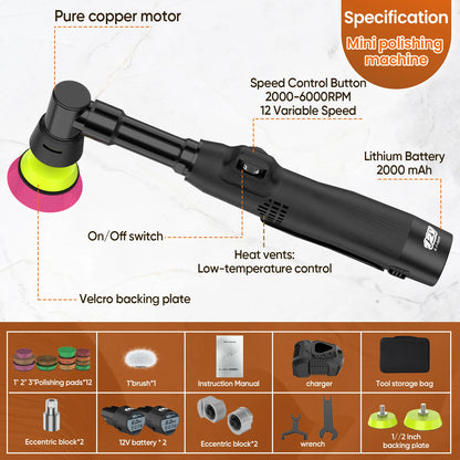 Mini lucidatrice per auto senza fili 12V 2000mAh, macchina per lucidatura di micro-graffi RO/DA, velocità regolabile, 2 batterie