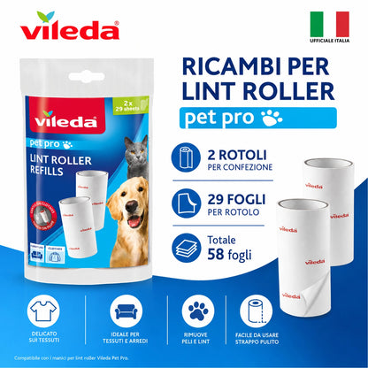 Confezione da 12 Vileda Pro Pet Lint Roller Refill, ricariche levapelucchi 2x29 fogli, per peli, polvere, pelucchi e sporco su tessuti compatibili