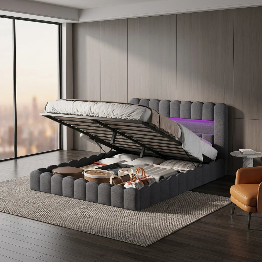 Anajqaqia Letto a bolle 140 x 200 cm, letto matrimoniale moderno con contenitore idraulico, struttura a tronco d'albero, materasso a incasso e testiera contenitore