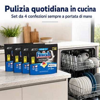 Finish Ultimate Limone 16 Tabs per Confezione, Pastiglie per Lavastoviglie, Varianti da 3 o 4 Confezioni, 48 o 64 Tabs Totali