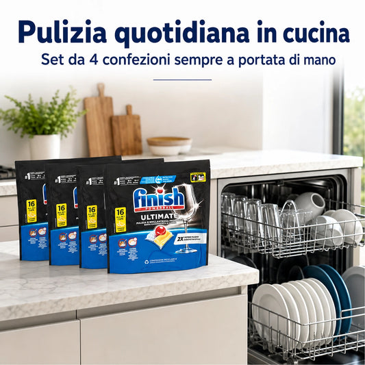 Finish Ultimate Limone 16 Tabs per Confezione, Pastiglie per Lavastoviglie, Varianti da 3 o 4 Confezioni, 48 o 64 Tabs Totali