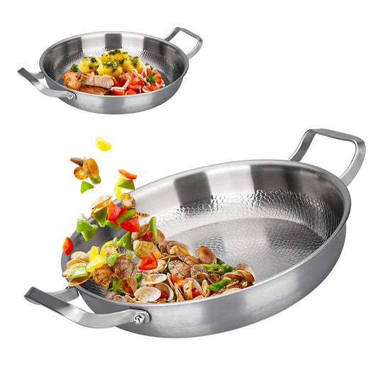 Padella antiaderente in titanio con motivo martellato, a doppio manico, da 26/28/30 cm, per uso domestico, fondo piatto, ideale per bistecche.