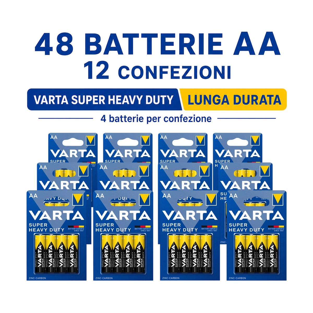 Pacco scorta Batterie AA VARTA Super Heavy Duty Zinco-Carbon 1,5V R6 per Telecomandi Orologi Sveglie