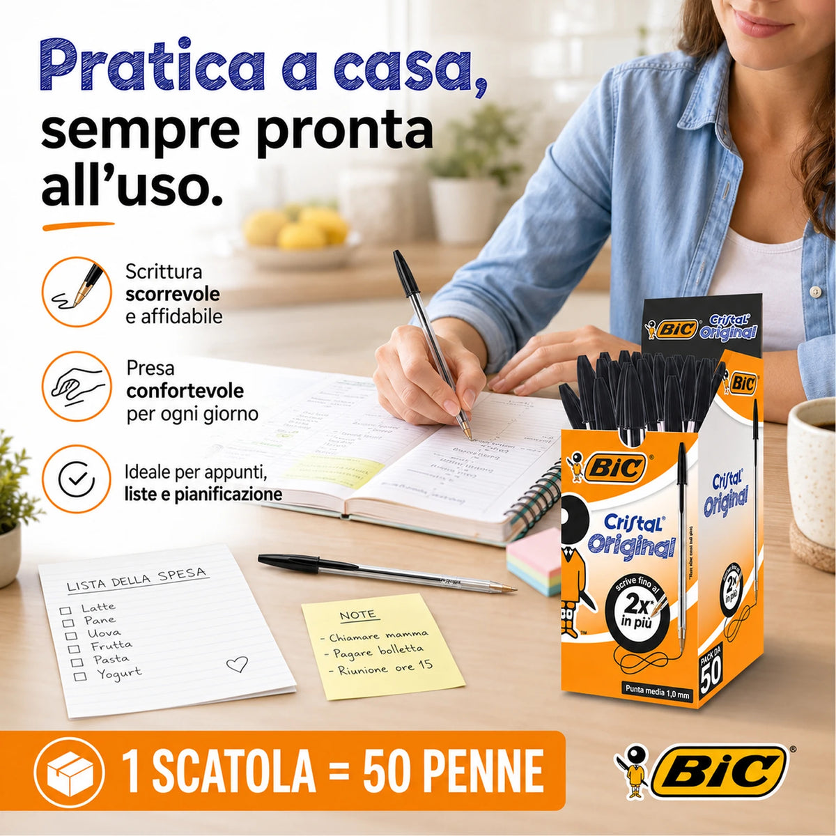 Confezione da 50 penne BIC Cristal Original nere a sfera, punta media 1 mm, penne per scuola, ufficio, cancelleria e uso quotidiano