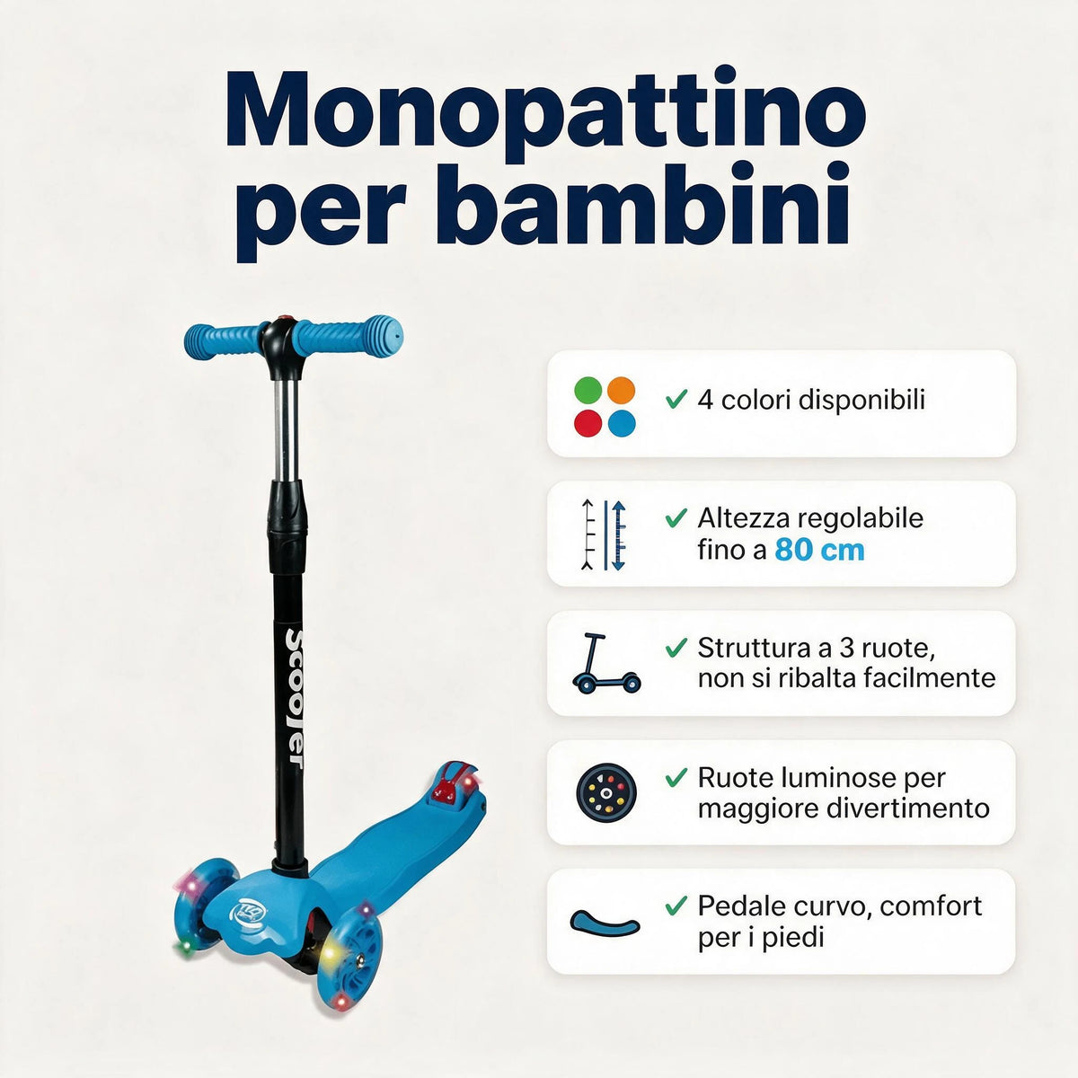 Monopattino 3 ruote 120/80 Portata max 50 kg Monopattino da Città Rosso/Blu/Arancione/Verde Altezza Regolabile Freestyle Pedal Scooter