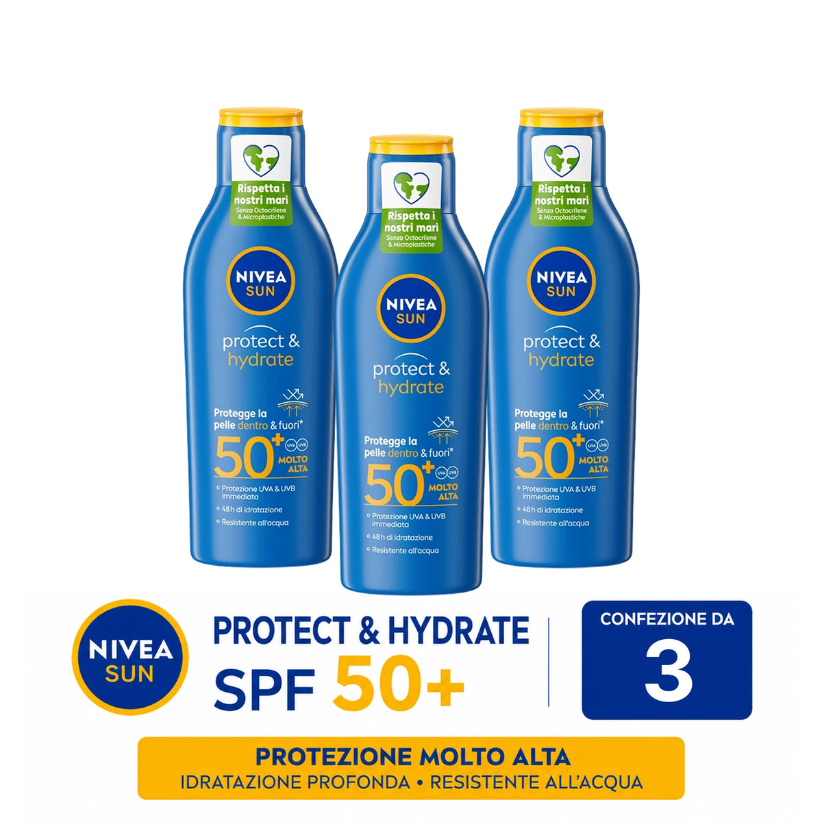 Confezione da 2 o 3 flaconi NIVEA SUN Protect & Hydrate Latte Solare SPF 50 200 ml, protezione corpo alta per mare, viaggio, vacanze e attività all’aperto