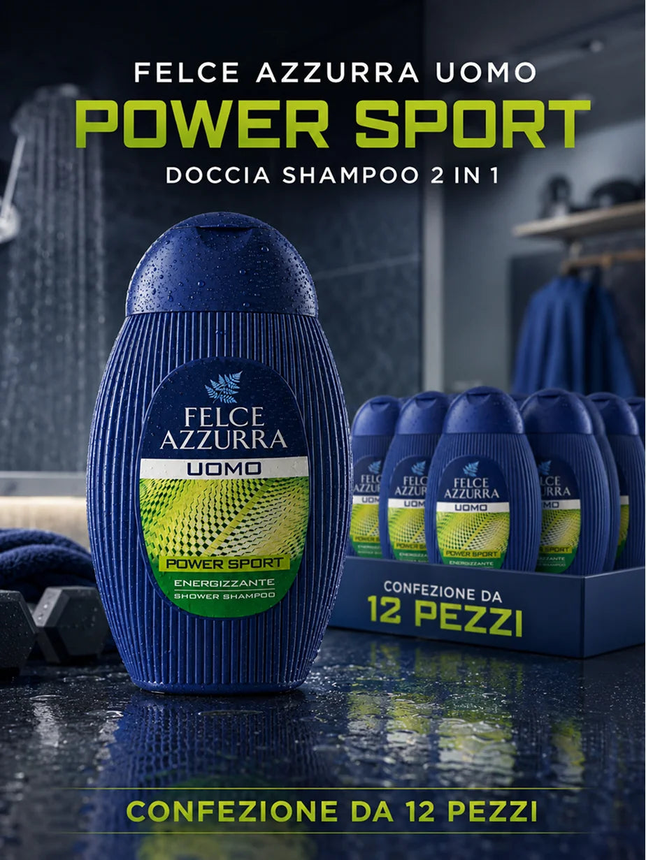 Confezione da 12 Felce Azzurra Doccia Shampoo Sport 250 ml, detergente 2 in 1 per corpo e capelli, 3 L totali