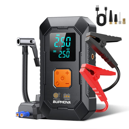 Avviatore di Emergenza per Auto con Compressore d'Aria Senza Fili, Gonfiatore Pneumatici, Booster Batteria con Power Bank e Torcia LED, Avviatore 12V per Tutti i Veicoli a Benzina o Diesel fino a 10.0L, Avviatore di Emergenza