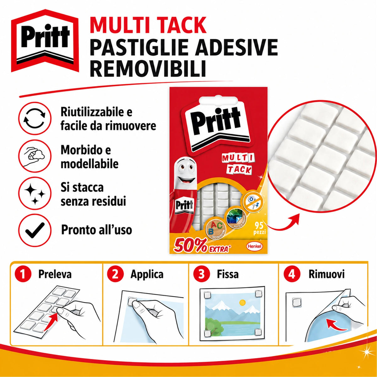 Confezione da 12 Pritt Instant Tack, gommini adesivi multiuso per pareti, poster, foto, decorazioni, scuola, ufficio e casa