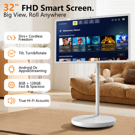 Coolita, TV da terra con schermo touchscreen intelligente da 32 pollici, risoluzione 1080P, sistema operativo Android 15, certificazione Google, batteria da 8000 mAh, schermo girevole, altoparlanti da 10 W x 4.