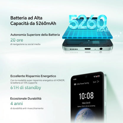 Smartphone HONOR X5c Plus, 5260 mAh, display da 6,74 pollici a 90 Hz, fotocamera da 50+5 MP, Android 15, processore octa-core, riconoscimento delle impronte digitali e del volto
