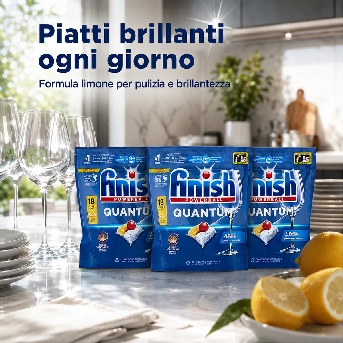 Confezione da 3 Finish Quantum Limone, 18 tabs per confezione, 54 pastiglie totali per lavastoviglie