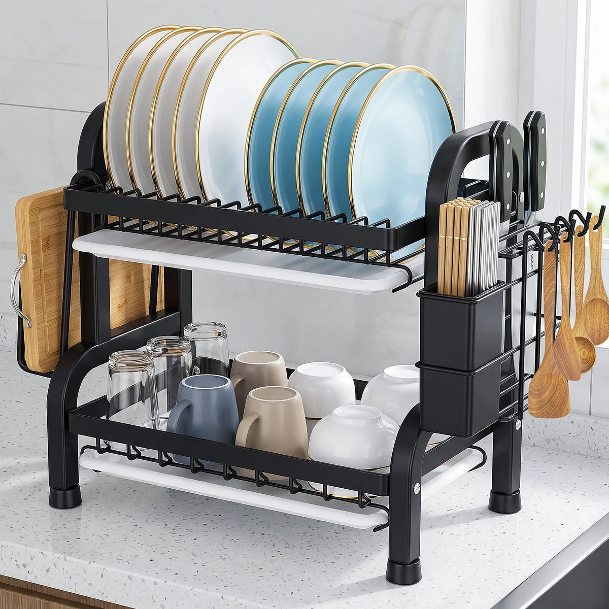 Scolapiatti a 2 livelli per il piano di lavoro della cucina, scolapiatti in metallo con vaschetta raccogli-acqua, rivestimento resistente alla ruggine, scolapiatti salvaspazio per piatti e posate.