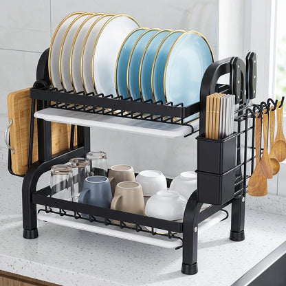Scolapiatti a 2 livelli per il piano di lavoro della cucina, scolapiatti in metallo con vaschetta raccogli-acqua, rivestimento resistente alla ruggine, scolapiatti salvaspazio per piatti e posate.