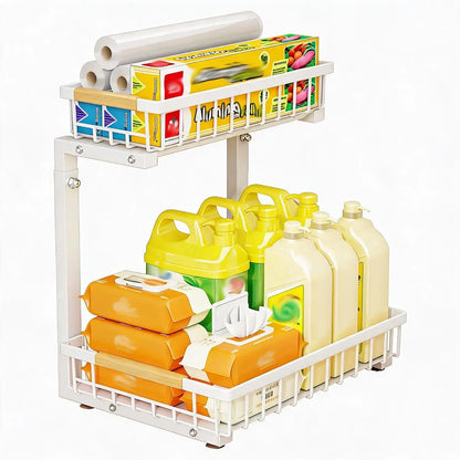 Organizzatore a 2 livelli sotto il lavello, scaffale scorrevole in acciaio al carbonio, mobiletto sottolavello in metallo, a forma di L, altezza regolabile, salvaspazio, ripiano estraibile per cucina e bagno, bianco