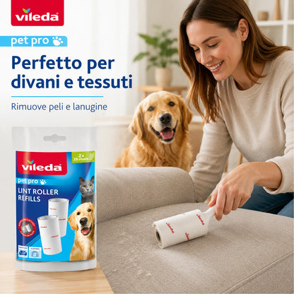 Confezione da 12 Vileda Pro Pet Lint Roller Refill, ricariche levapelucchi 2x29 fogli, per peli, polvere, pelucchi e sporco su tessuti compatibili