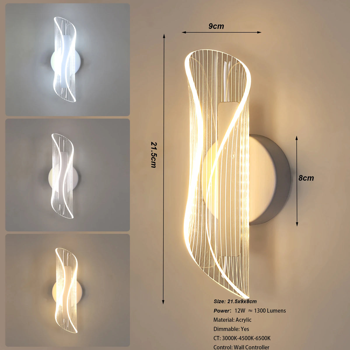 Lampada da parete per interni a LED 12W Lampada da parete moderna dimmerabile a 3 temperature di colore, illuminazione da parete in metallo acrilico per scale dell'ufficio della camera da letto