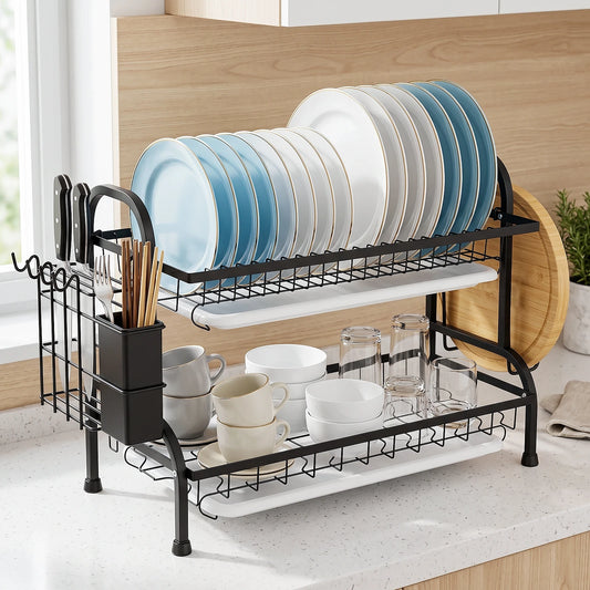 Scolapiatti a 2 livelli per il piano di lavoro della cucina, scolapiatti in metallo con vaschetta raccogli-acqua, rivestimento resistente alla ruggine, scolapiatti salvaspazio per piatti e posate.