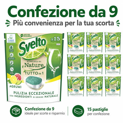 Confezione da 9 Svelto Tabs Tutto in 1 Agrumi, pastiglie lavastoviglie 15 pezzi, formato scorta per cucina, casa e uso quotidiano