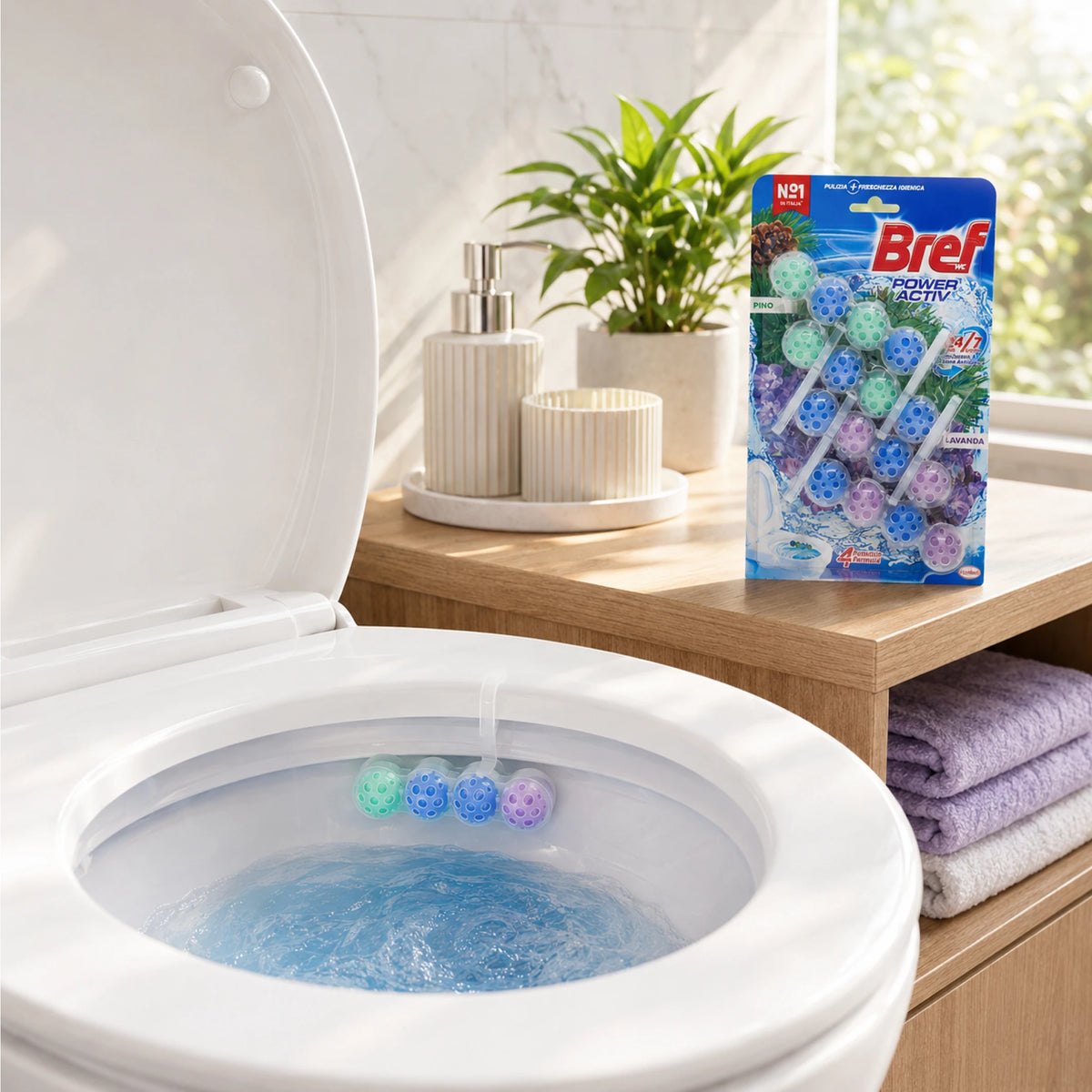 Confezione da 8, 12 o 16 Bref Power Activ Pino e Lavanda, tavolette WC da 4x50 g, detergente solido per pulizia e freschezza del WC