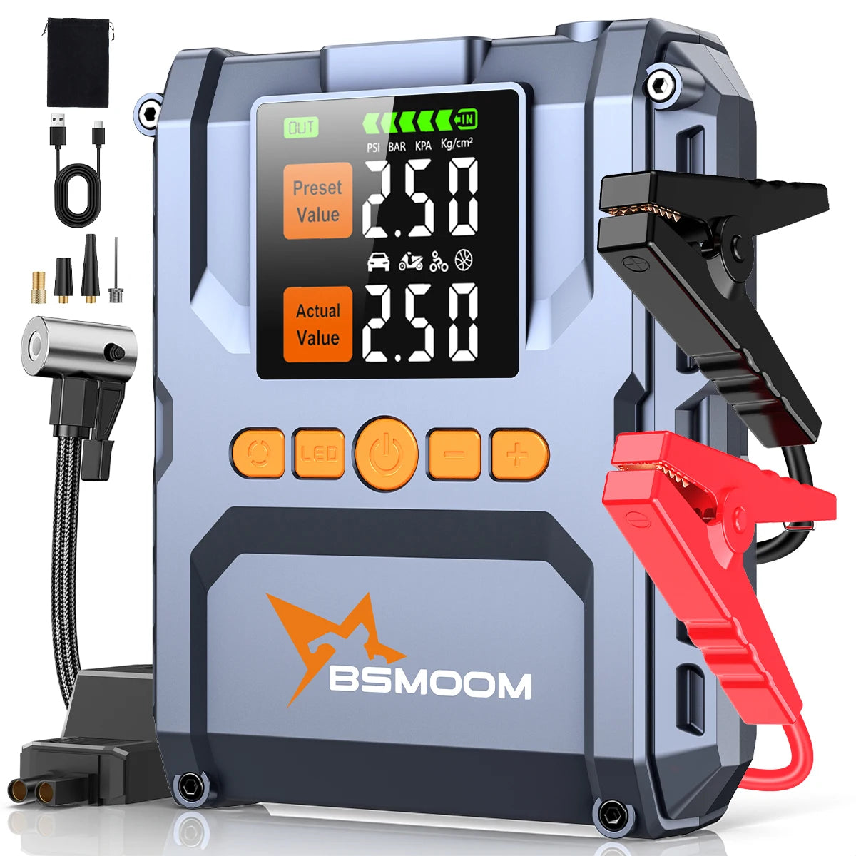 Avviatore di Emergenza per Auto con Compressore d'Aria Senza Fili, Gonfiatore Pneumatici, Booster Batteria con Power Bank e Torcia LED, Avviatore 12V per Tutti i Veicoli a Benzina o Diesel fino a 10.0L, Avviatore di Emergenza