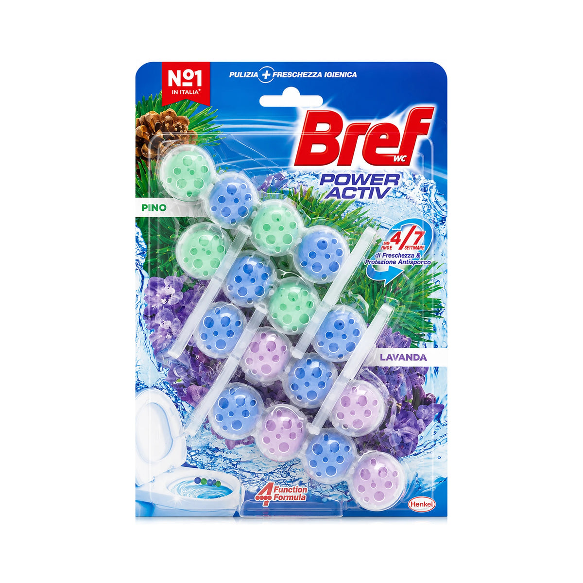 Confezione da 8, 12 o 16 Bref Power Activ Pino e Lavanda, tavolette WC da 4x50 g, detergente solido per pulizia e freschezza del WC