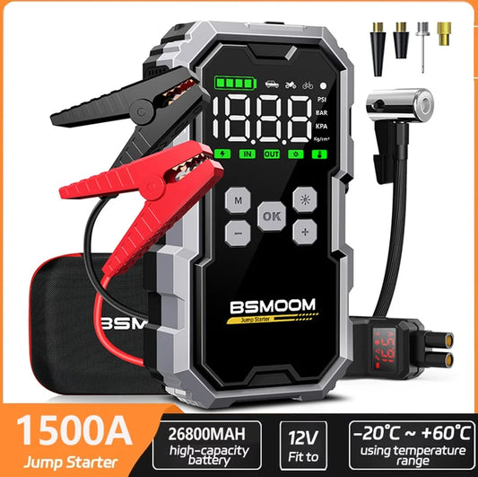 Avviatore di Emergenza per Auto con Compressore d'Aria Senza Fili, Gonfiatore Pneumatici, Booster Batteria con Power Bank e Torcia LED, Avviatore 12V per Tutti i Veicoli a Benzina o Diesel fino a 10.0L, Avviatore di Emergenza