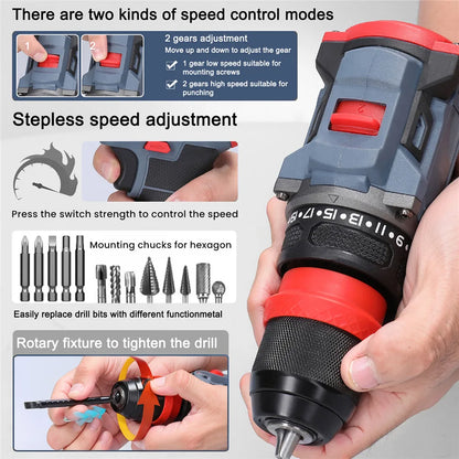 Trapano Cordless Brushless 16.8V 45Nm a 2 Velocità con Luce LED, Trapano Elettrico Ricaricabile per Fai-da-Te Domestico, Lavorazione del Legno e Foratura del Metallo con 2 Batterie da 1300mAh