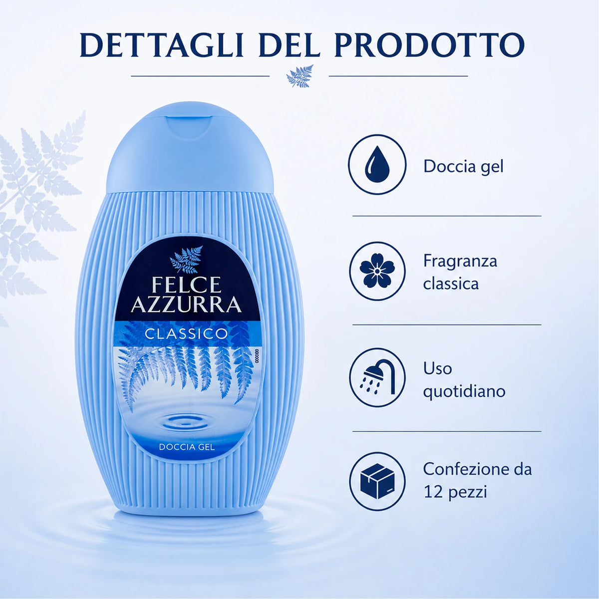 Confezione da 12 Felce Azzurra Doccia Classica 250 ml, bagnodoccia profumato per la detersione quotidiana, 3 L totali