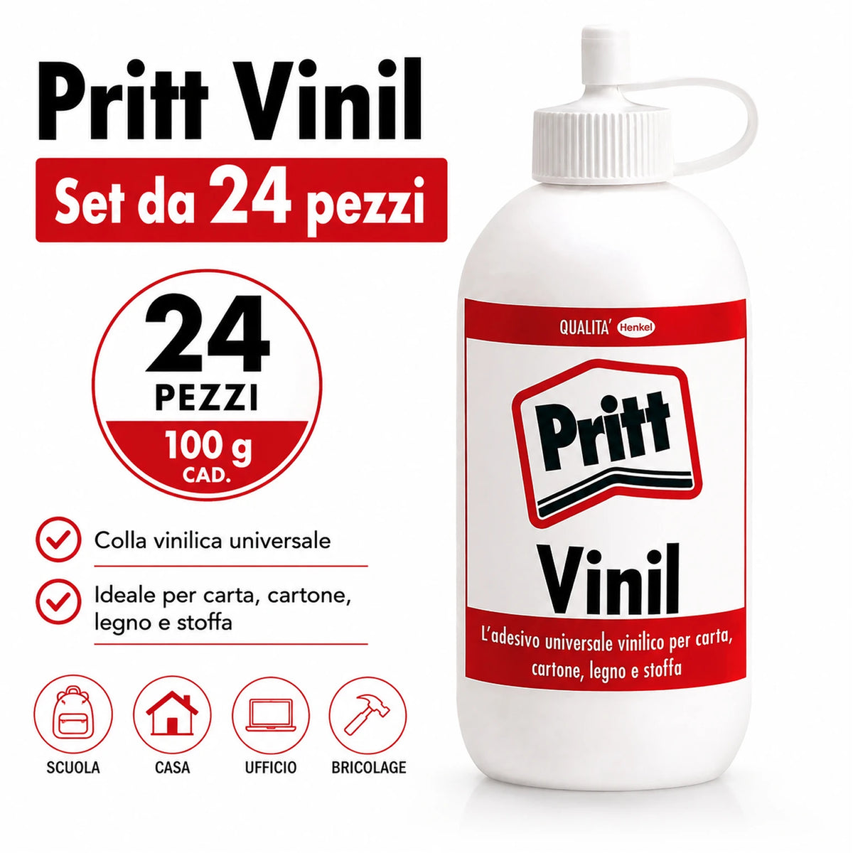 Confezione da 24 Pritt Vinil Universale Trasparente 100 g, colla vinilica per assemblaggio, carta, cartone, legno e lavori creativi
