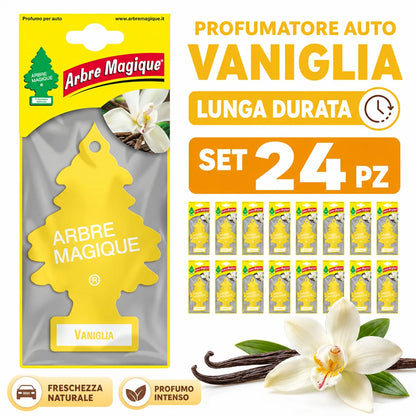 Confezione da 6, 12 o 24 Arbre Magique Vaniglia, profumatori auto da appendere, fragranza dolce e tropicale, formato scorta per auto, furgone, armadio e piccoli ambienti
