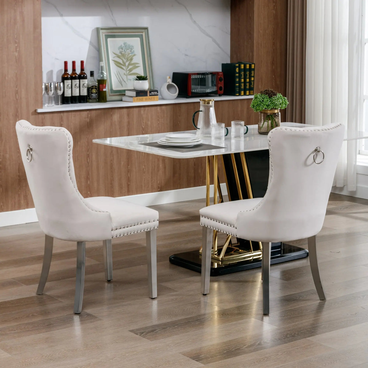 Set di 2 sedie da pranzo in velluto, sedie d’arredo imbottite, 50 cm di larghezza x 95 cm di altezza, con schienale alto e dettagli a bottoni, gambe in acciaio inossidabile cromato e finiture con borchie, sedie da pranzo mo