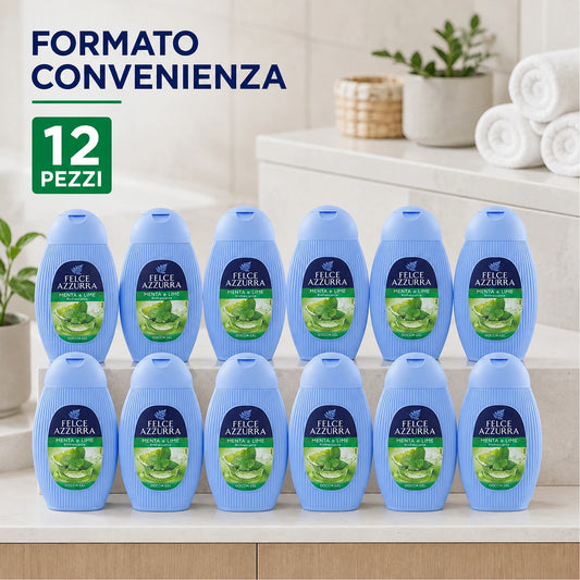 Confezione da 12 Felce Azzurra Doccia Menta e Lime 250 ml, bagnodoccia profumato per la detersione quotidiana, 3 L totali